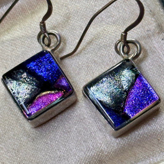 Vintage Sterling Silver Dichroic Art Glass Dangling Earrings