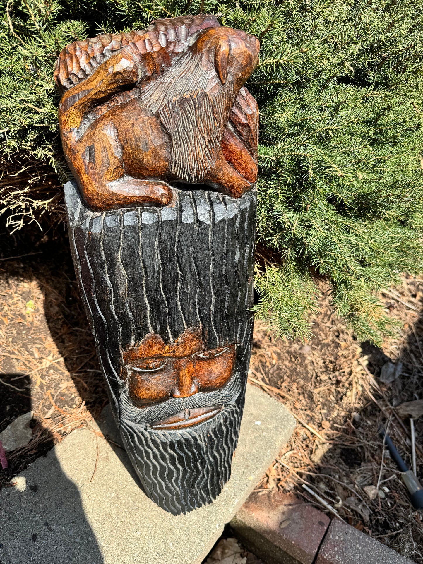 Vintage Carved Wood Folk Art Tree Spirit & Lion