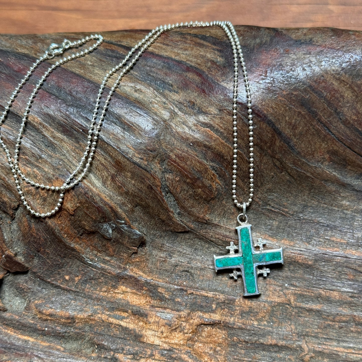 Vintage Jerusalem Malachite & Sterling Silver Cross Sterling SIlver Chain