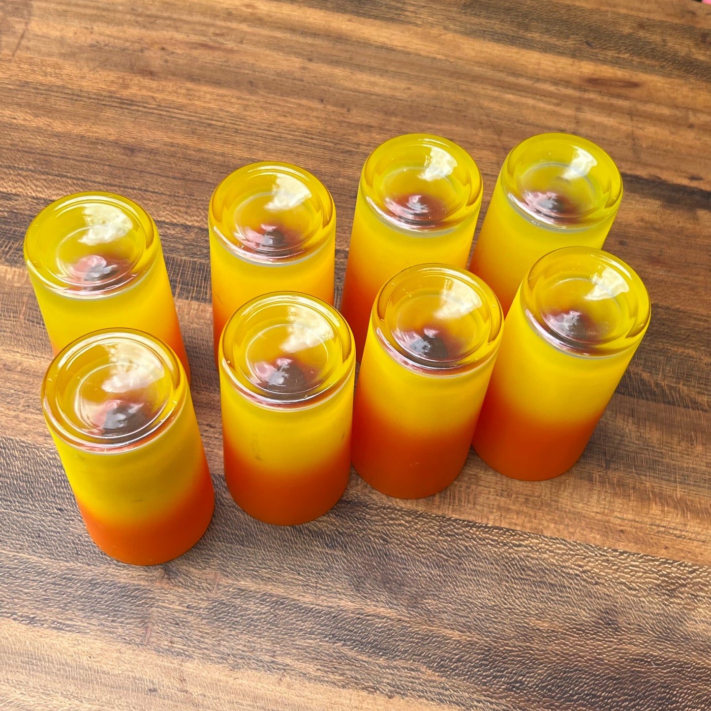 Eight Mid Century Modern Yellow & Orange Candy Corn Beverage Glasses