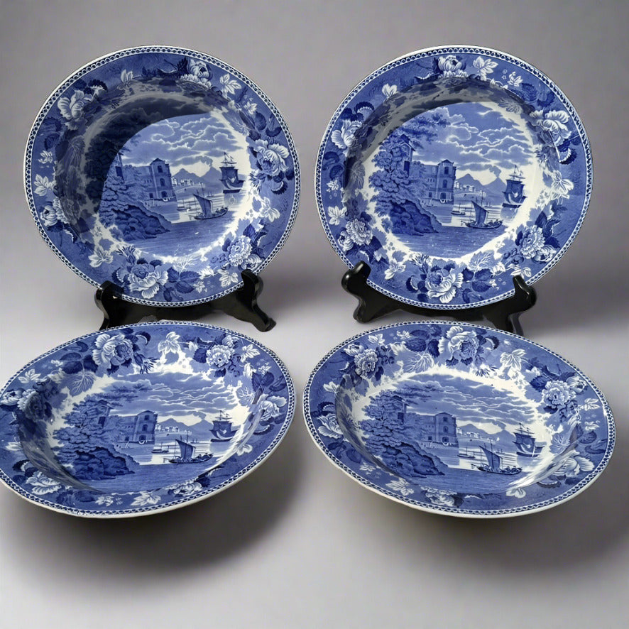 Four English Wedgwood Landscape Rimmed Soup Bowls