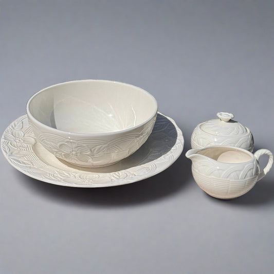 Mikasa Japanese Flower Basket White Vegetable Bowl,Serving Platter, Cream & Covered Sugar Bowl