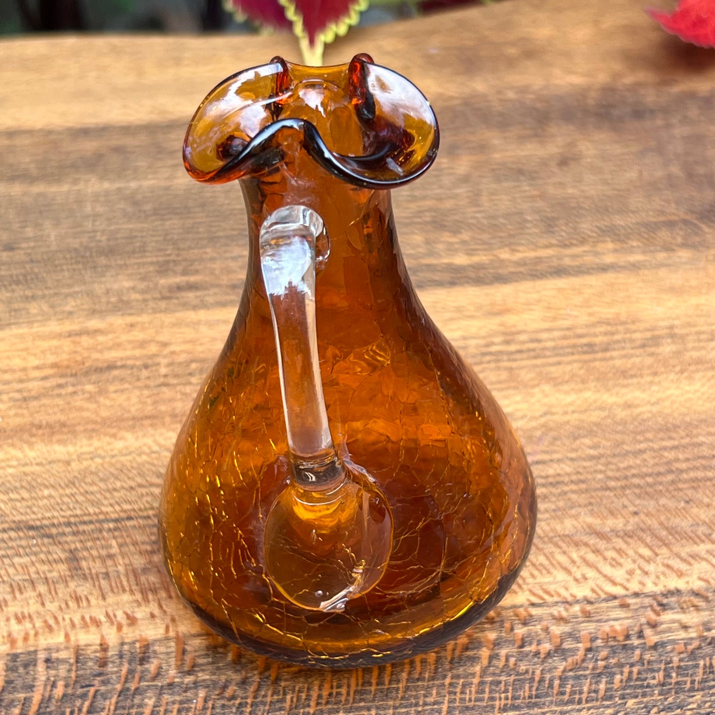 Vintage Pilgrim Amber Crackle Glass Pitcher Vase
