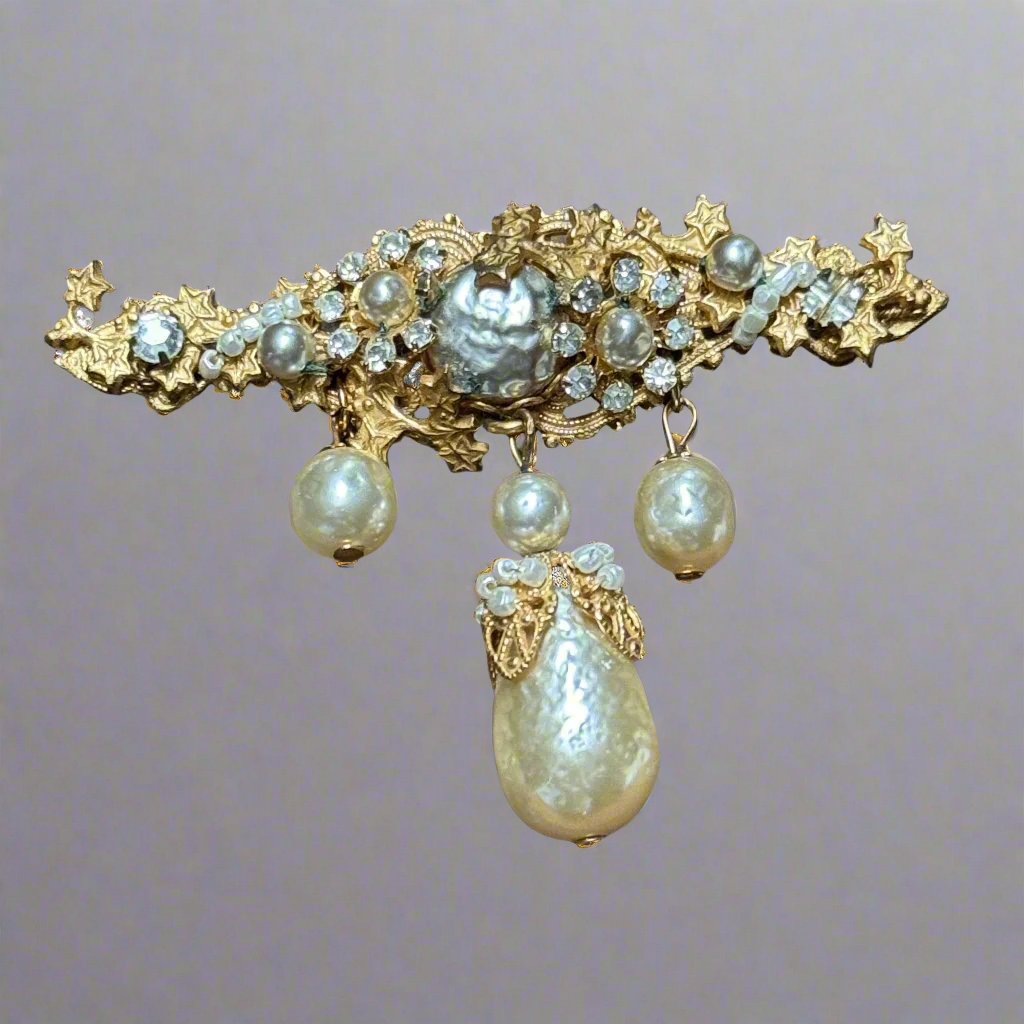 Vintage Miriam Haskell Baroque Dangling Pearl Brooch