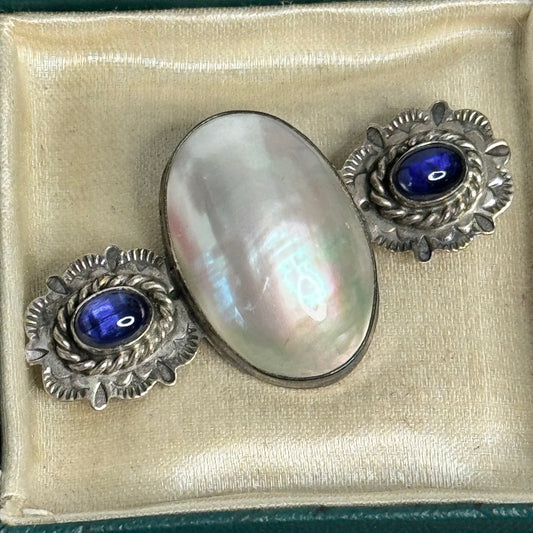 Vintage Sterling Silver Mabe Pearl & Amethyst Semi Precious Gemstone Pin