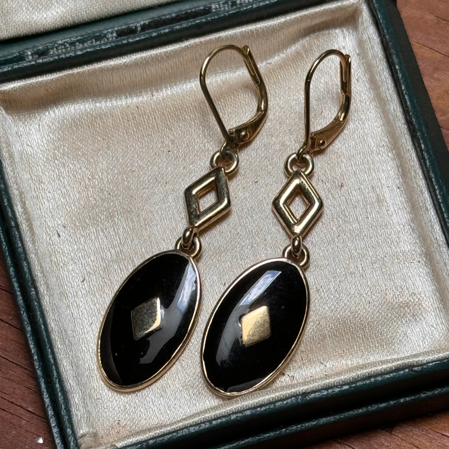 Vintage Ralph Lauren Geometric Black Enamel Gold Lever Back Dangling Earrings