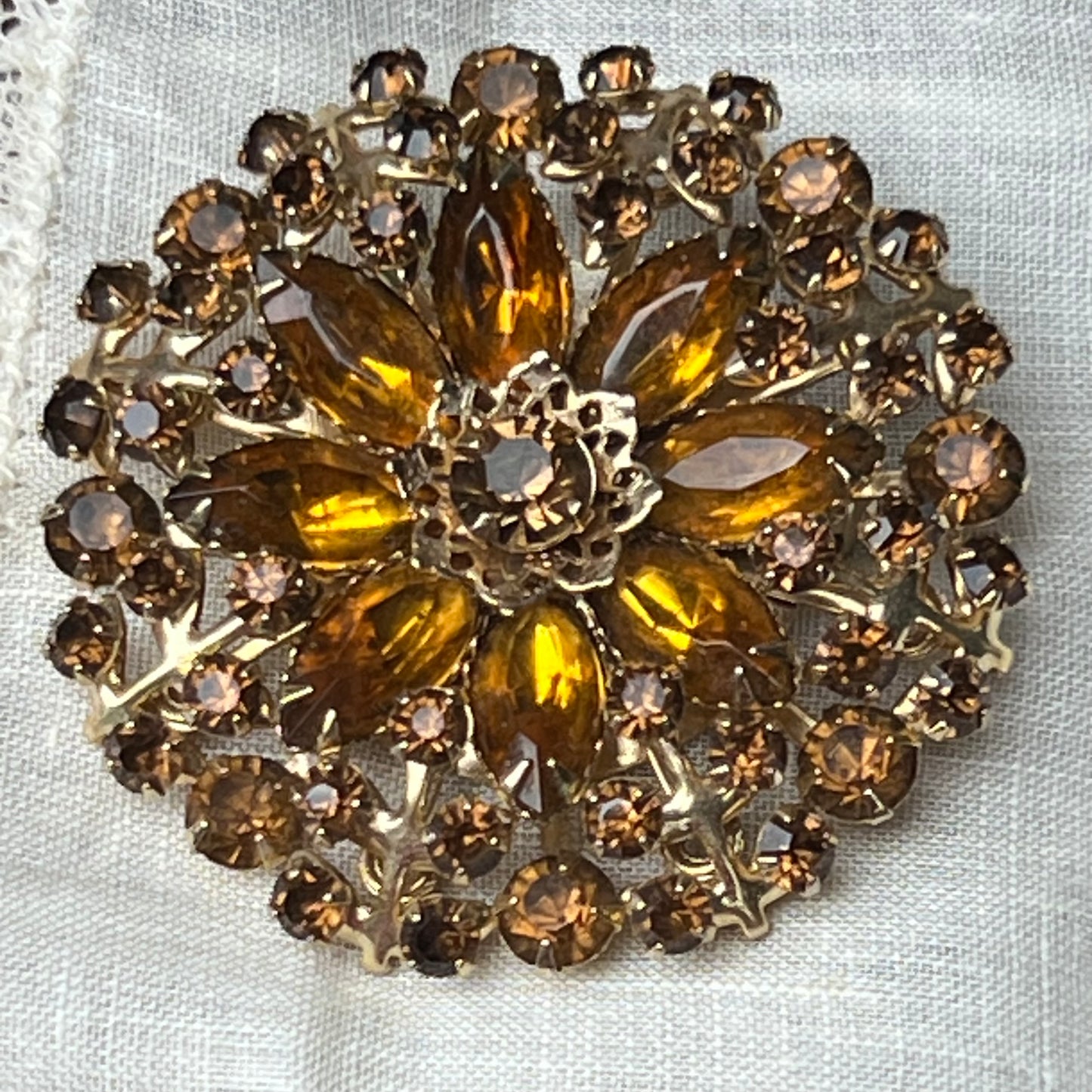 Vintage Light & Dark Topaz Multi Faceted Rhinestone Flower Pin