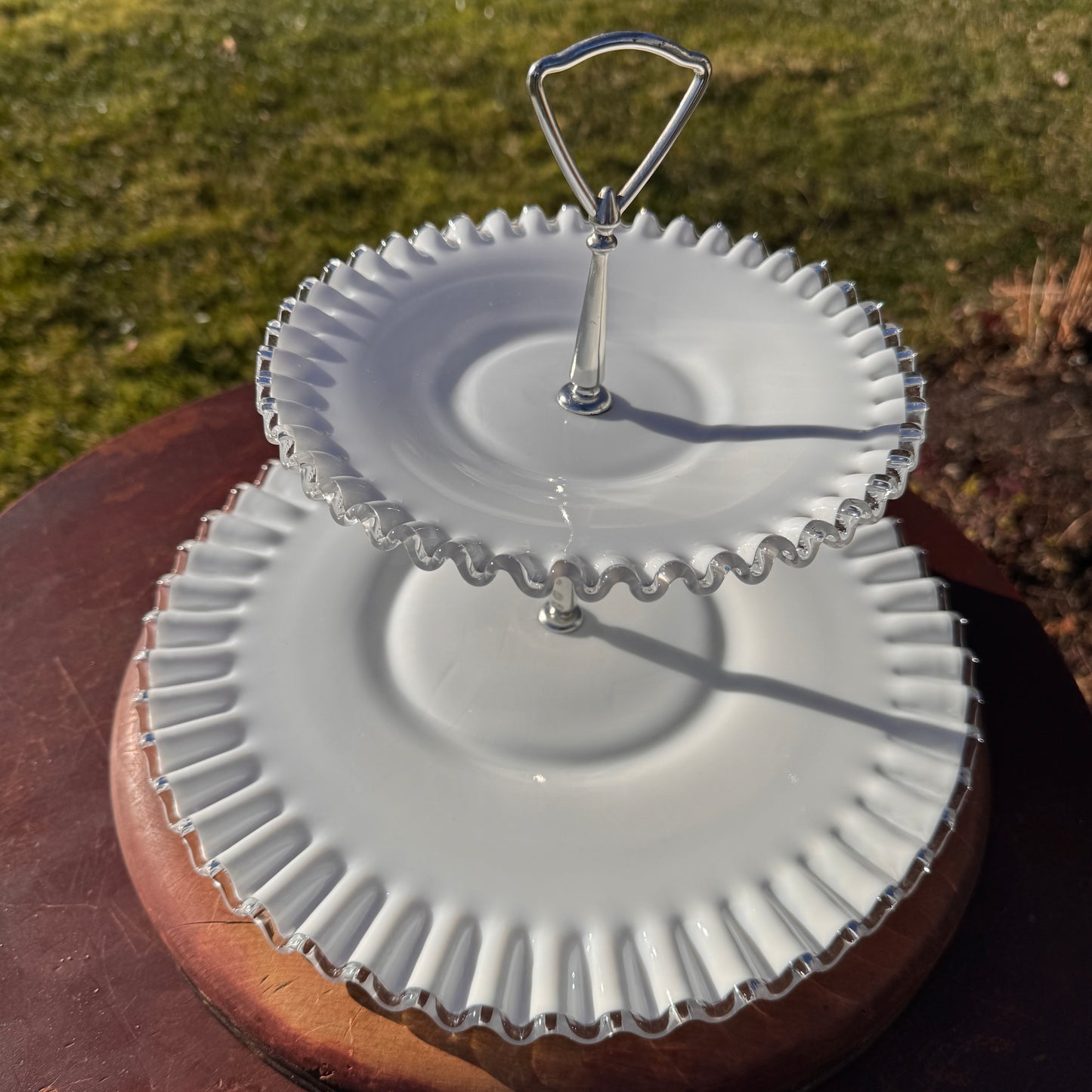 Vintage Fenton White Ruffled Silver Crest Glass Two Tier cookie Tidbit Tray