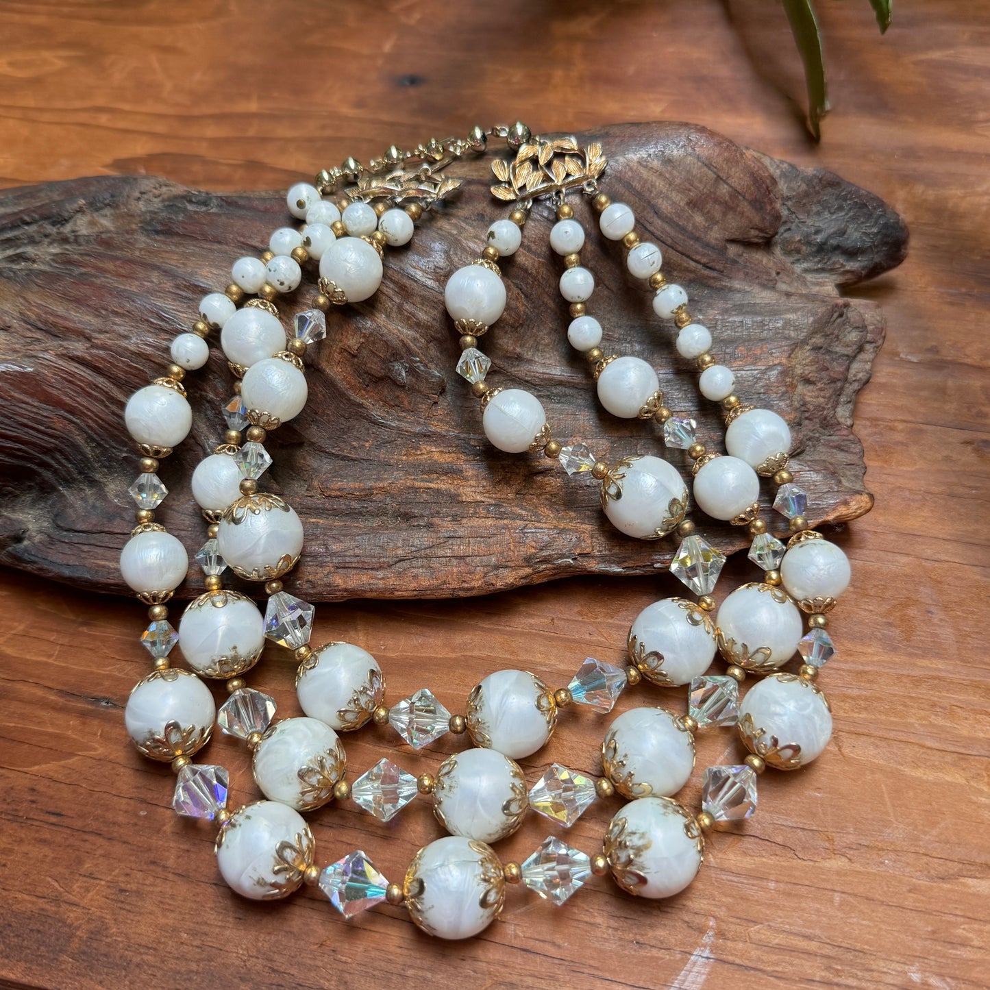 Triple Strand White & Crystal Glass Bead Necklace