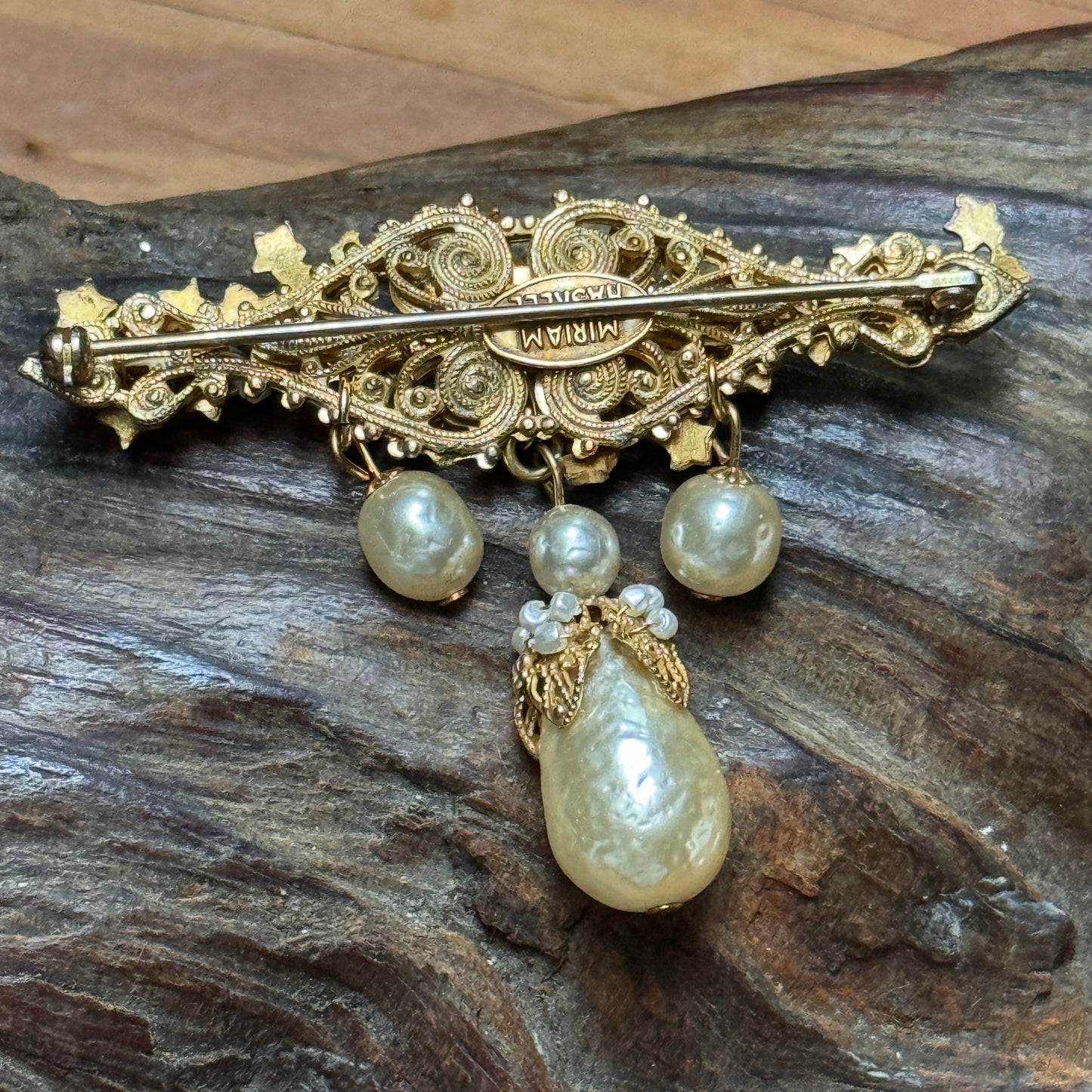 Vintage Miriam Haskell Baroque Dangling Pearl Brooch