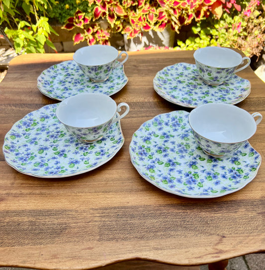 4 Vintage Lefton Hand Painted Bone China Violet Chintz Cup & Snack Plate Sets