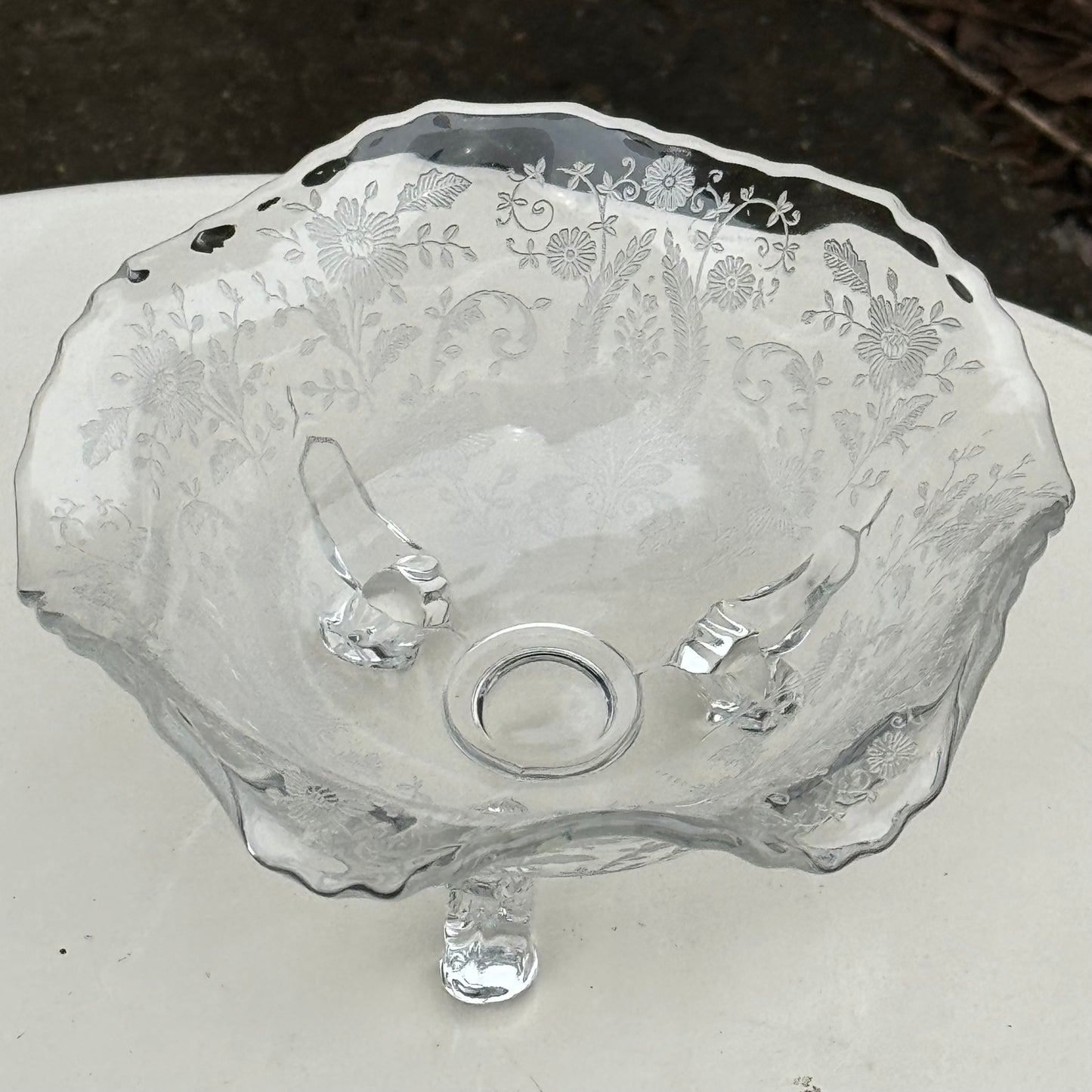 Vintage Floral Etched Clear Glass Footed Mayonnaise Bowl