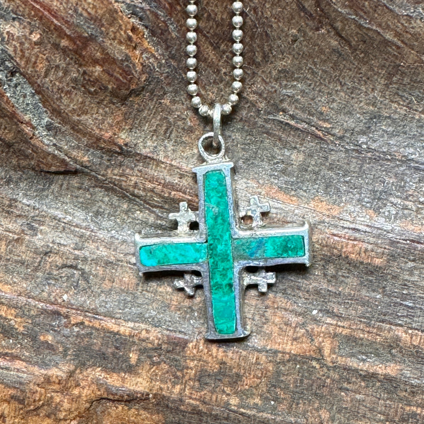 Vintage Jerusalem Malachite & Sterling Silver Cross Sterling SIlver Chain