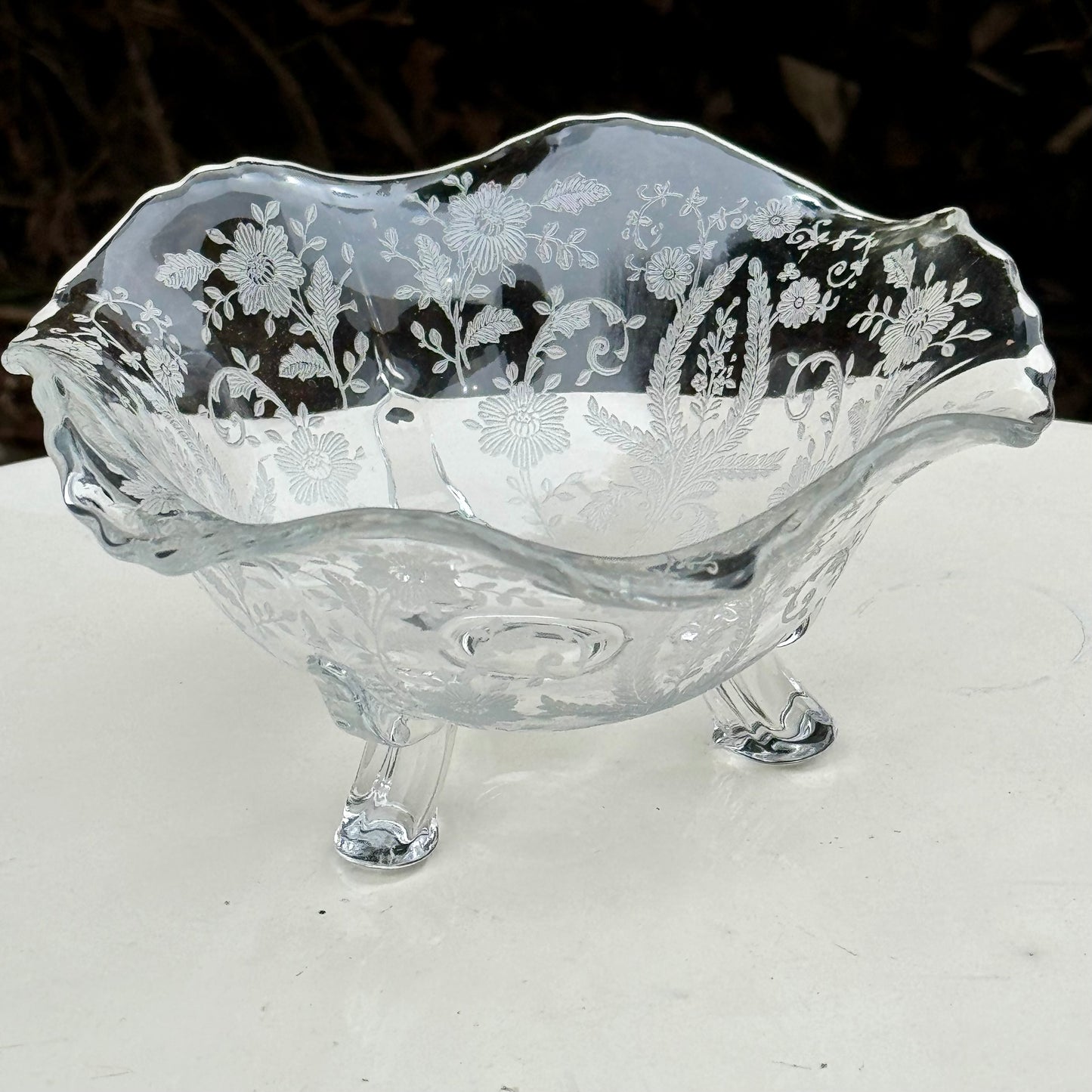 Vintage Floral Etched Clear Glass Footed Mayonnaise Bowl