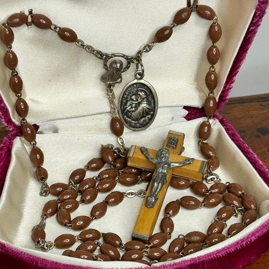 Vintage Italian Soft Brown Plastic Bead Wire Rosary & St. Anthony Medal