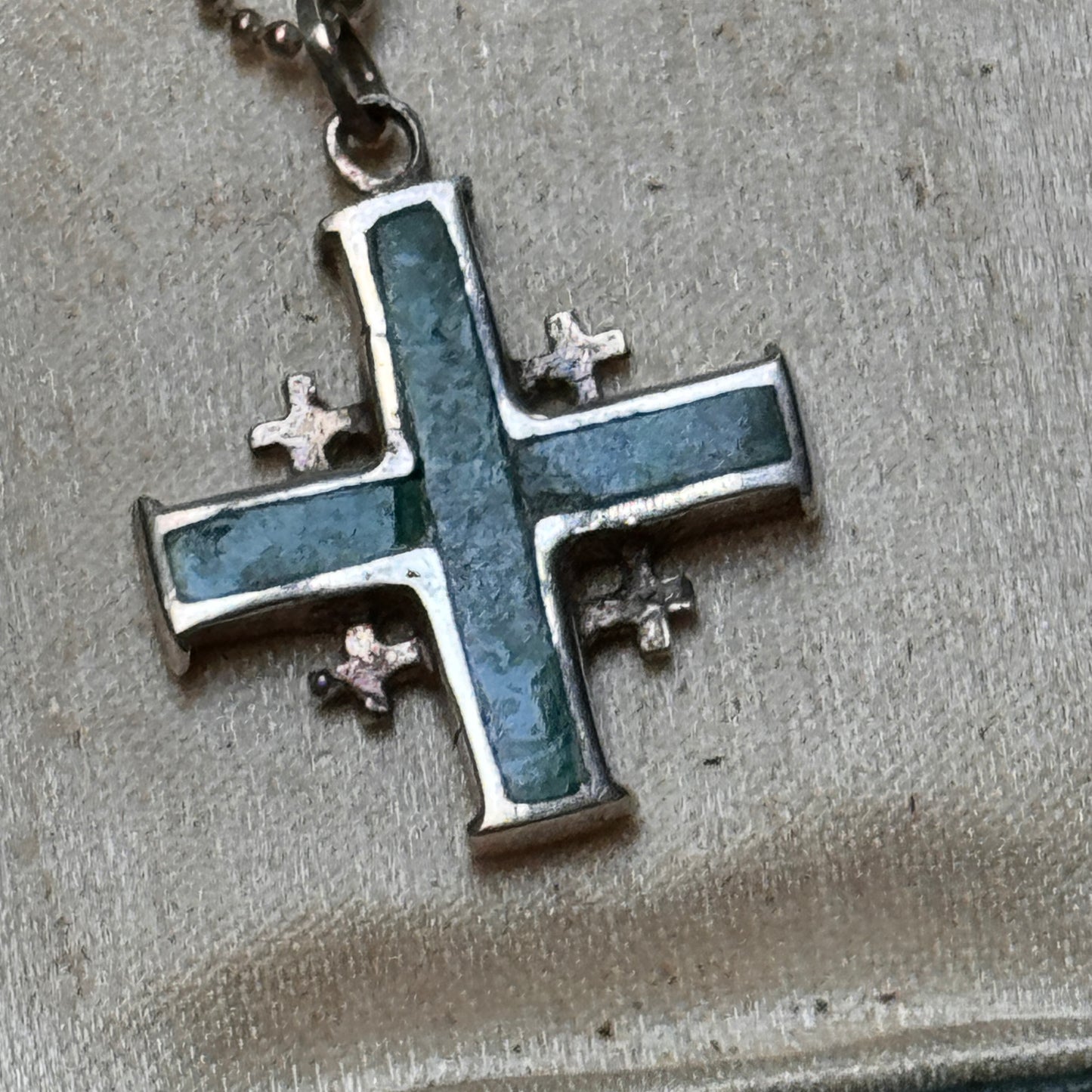 Vintage Jerusalem Malachite & Sterling Silver Cross Sterling SIlver Chain