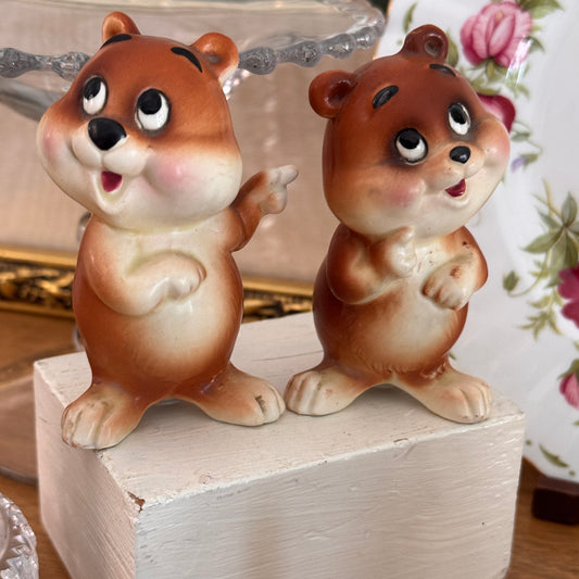 Vintage Lefton Japan Anthropomorphic He Did It Bear Salt & Pepper Shakers