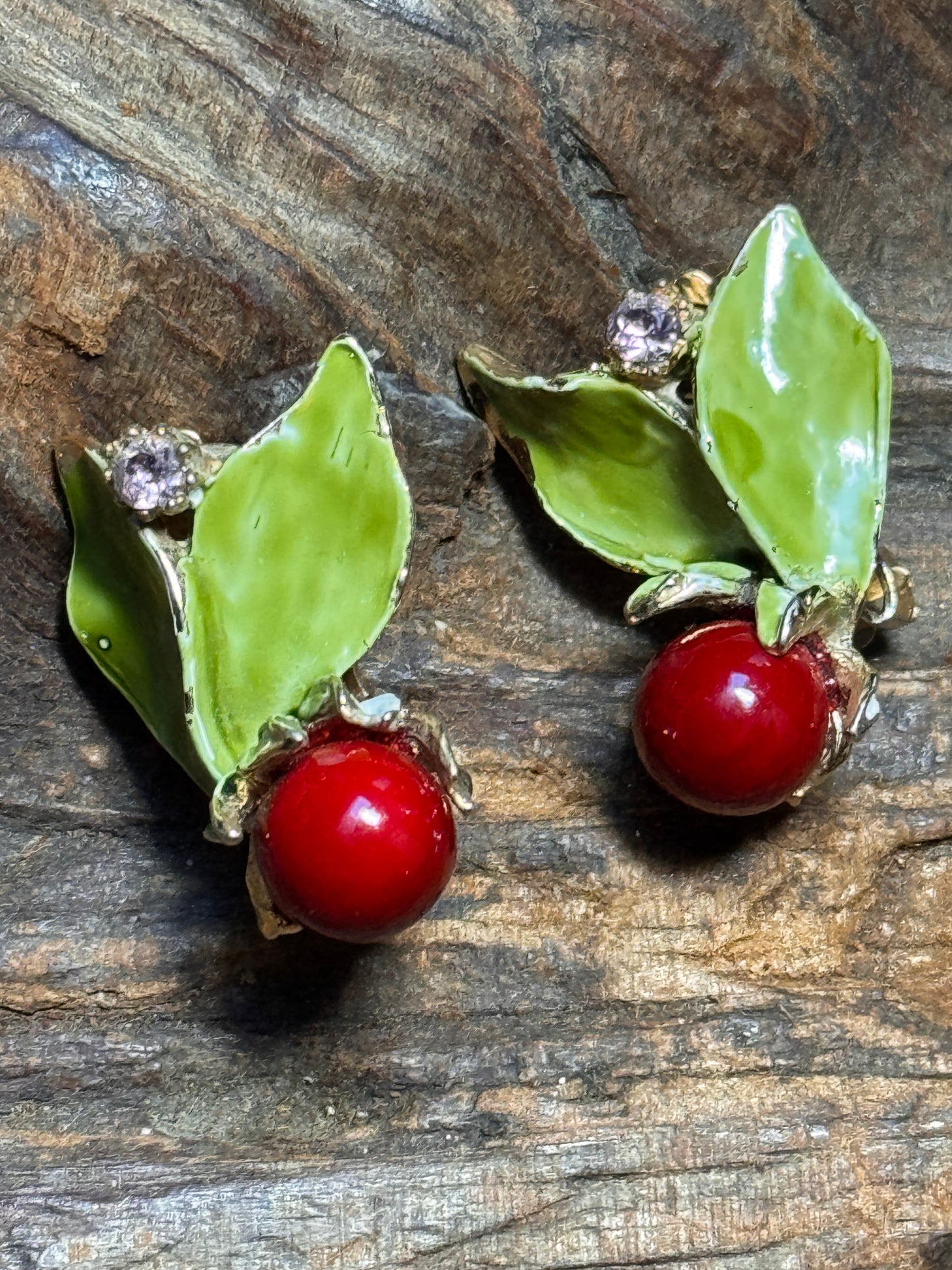 Vintage Holly and Berry Rhinestone and Enamel Earrings