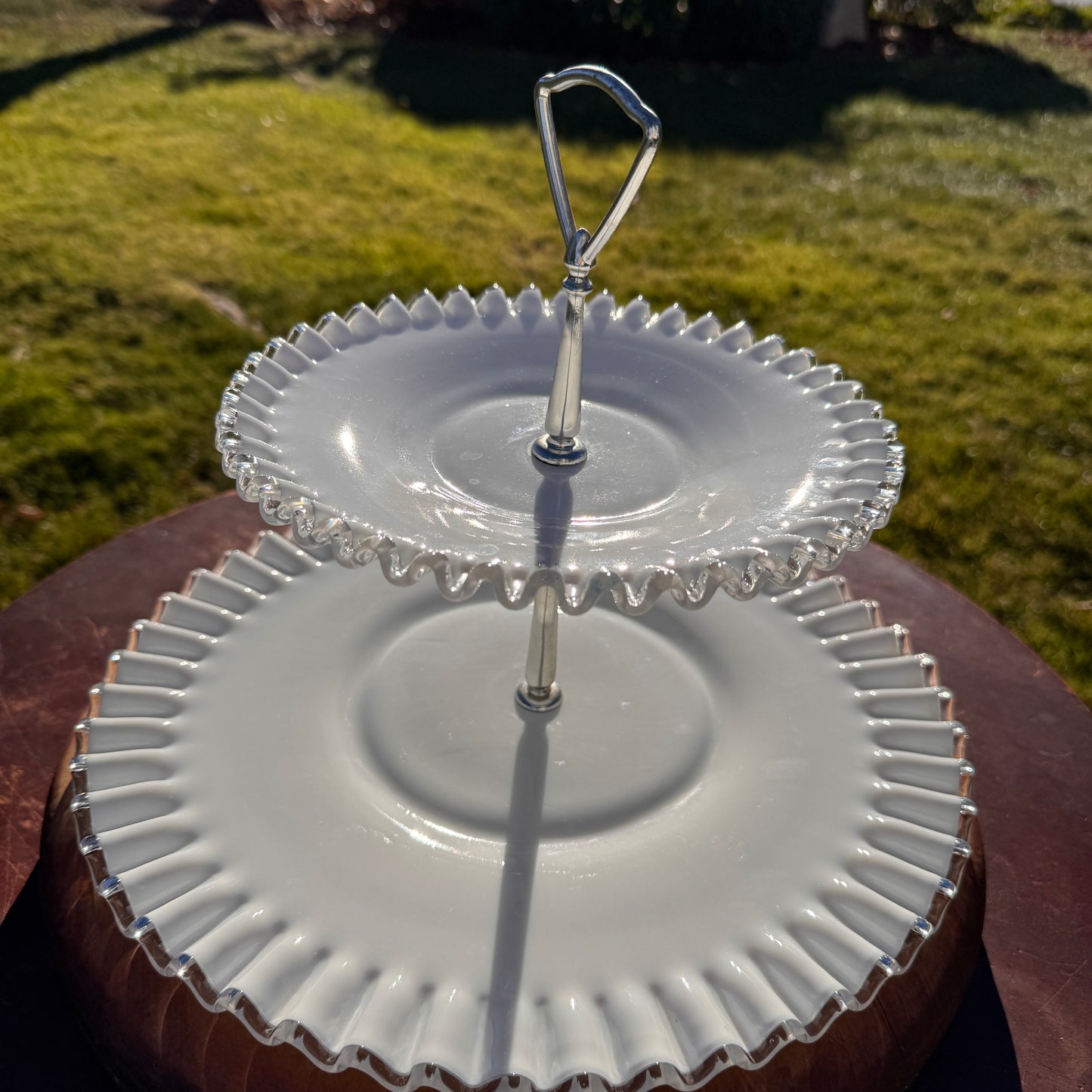 Vintage Fenton White Ruffled Silver Crest Glass Two Tier cookie Tidbit Tray