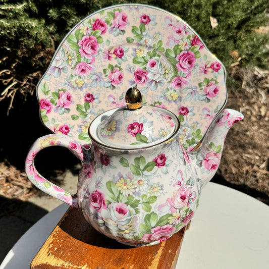 Vintage Arthur Wood & Son Rose & Daisy Tea Pot & Allyn Nelson Serving Plate