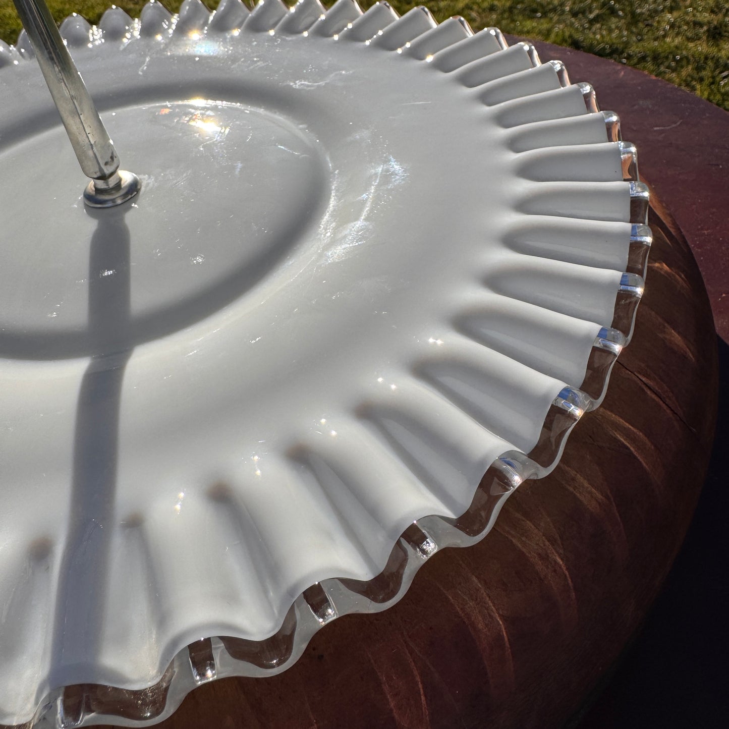 Vintage Fenton White Ruffled Silver Crest Glass Two Tier cookie Tidbit Tray