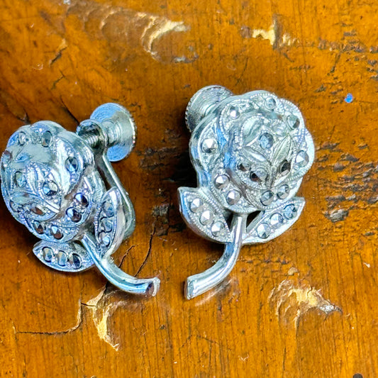 Vintage Sterling Silver & Marcasite Rose Earrings