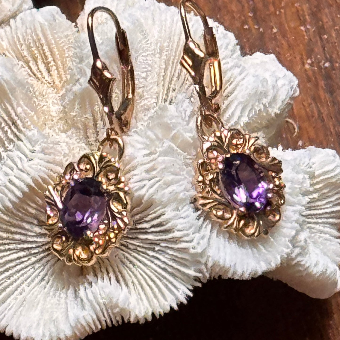 14K Yellow Gold Amethyst Semi Precious Gemstone Earrings