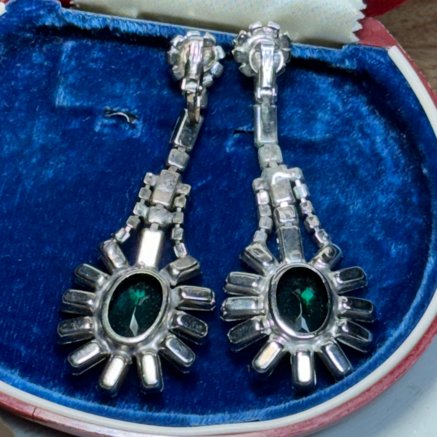 Vintage Eye Catching Green & Clear  Rhinestone Dangling Earrings