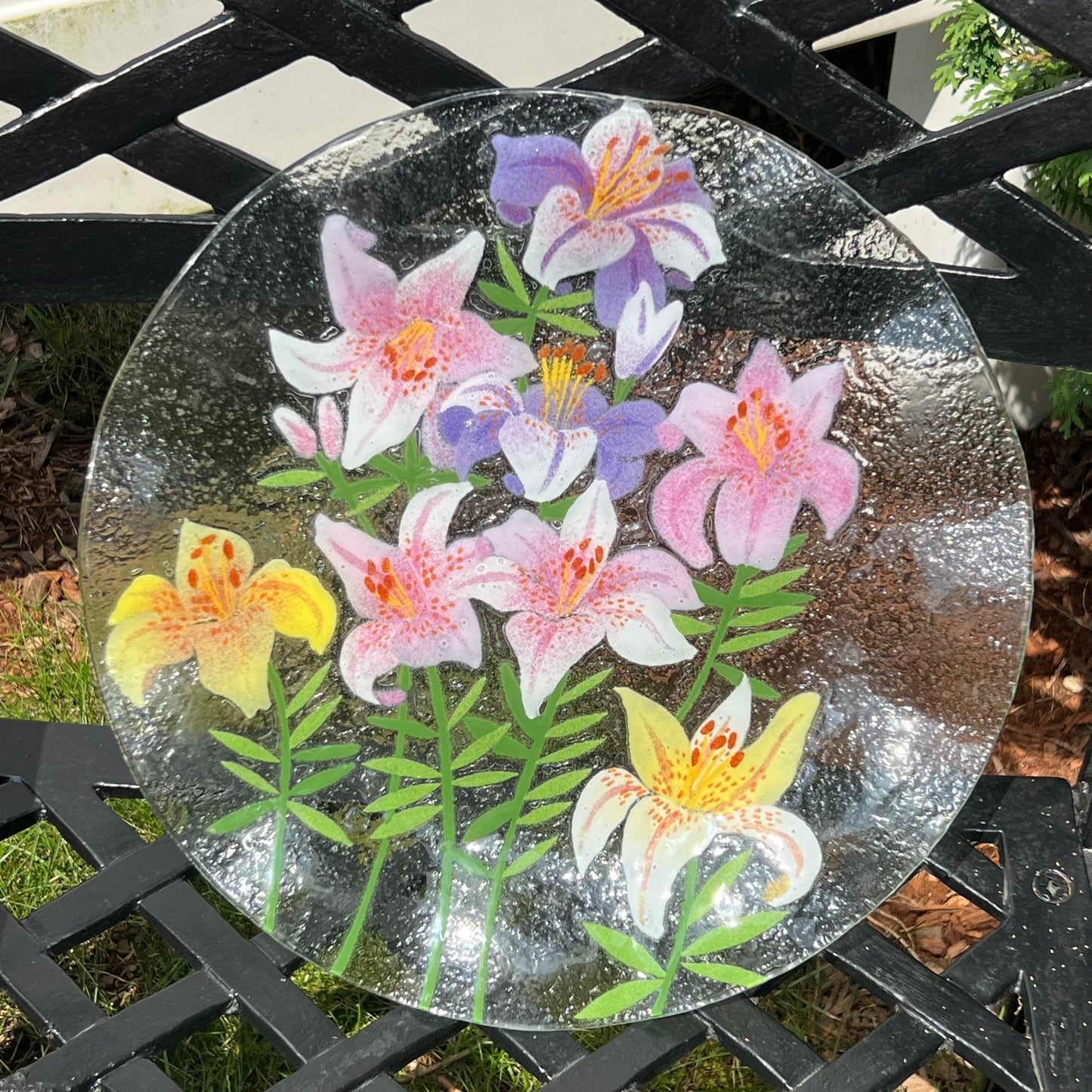 Fused Art Glass Lillies Ruffled Edge Round Serving Plate