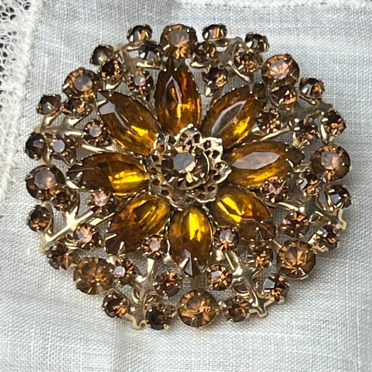 Vintage Light & Dark Topaz Multi Faceted Rhinestone Flower Pin