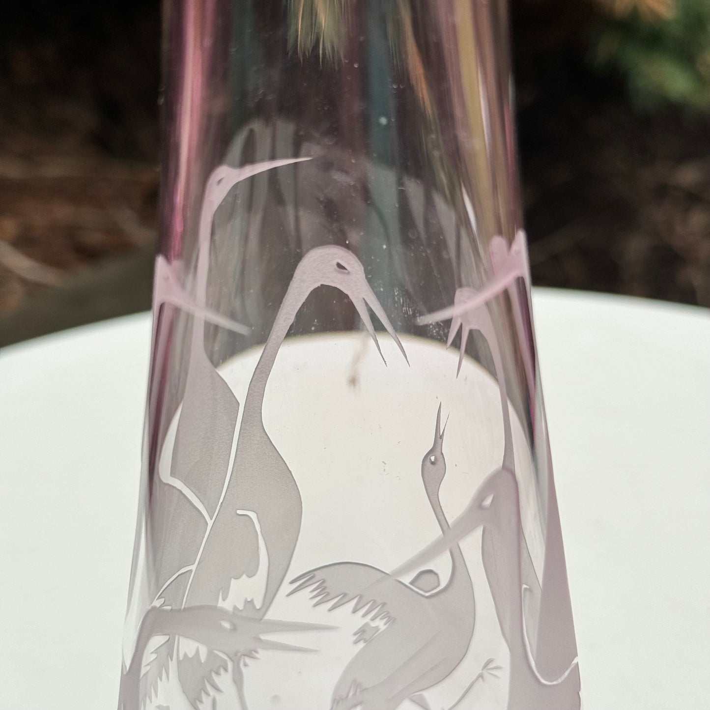 "Dance" of Cranes Handblown Etched Artist Signed Vase