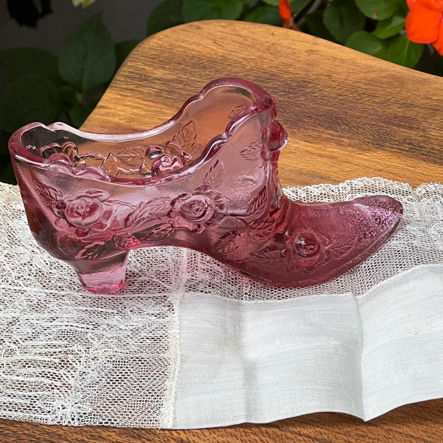 Vintage Fenton Pink Rose Victorian Style Glass Shoe