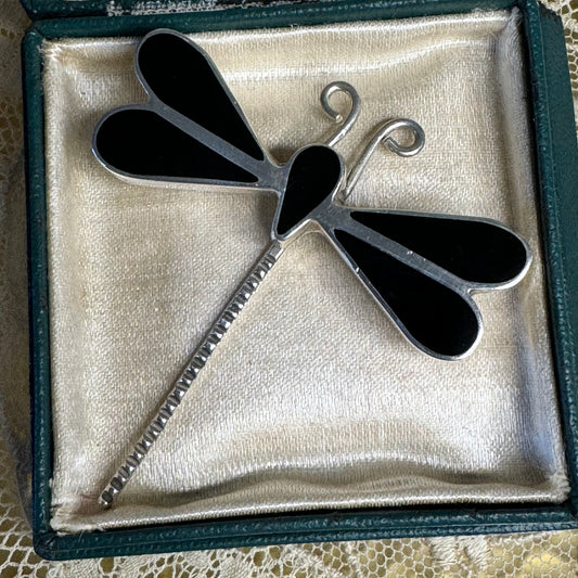 Vintage Taxco Mexican Handmade Sterling Silver & Black Onyx Dragonfly Pin