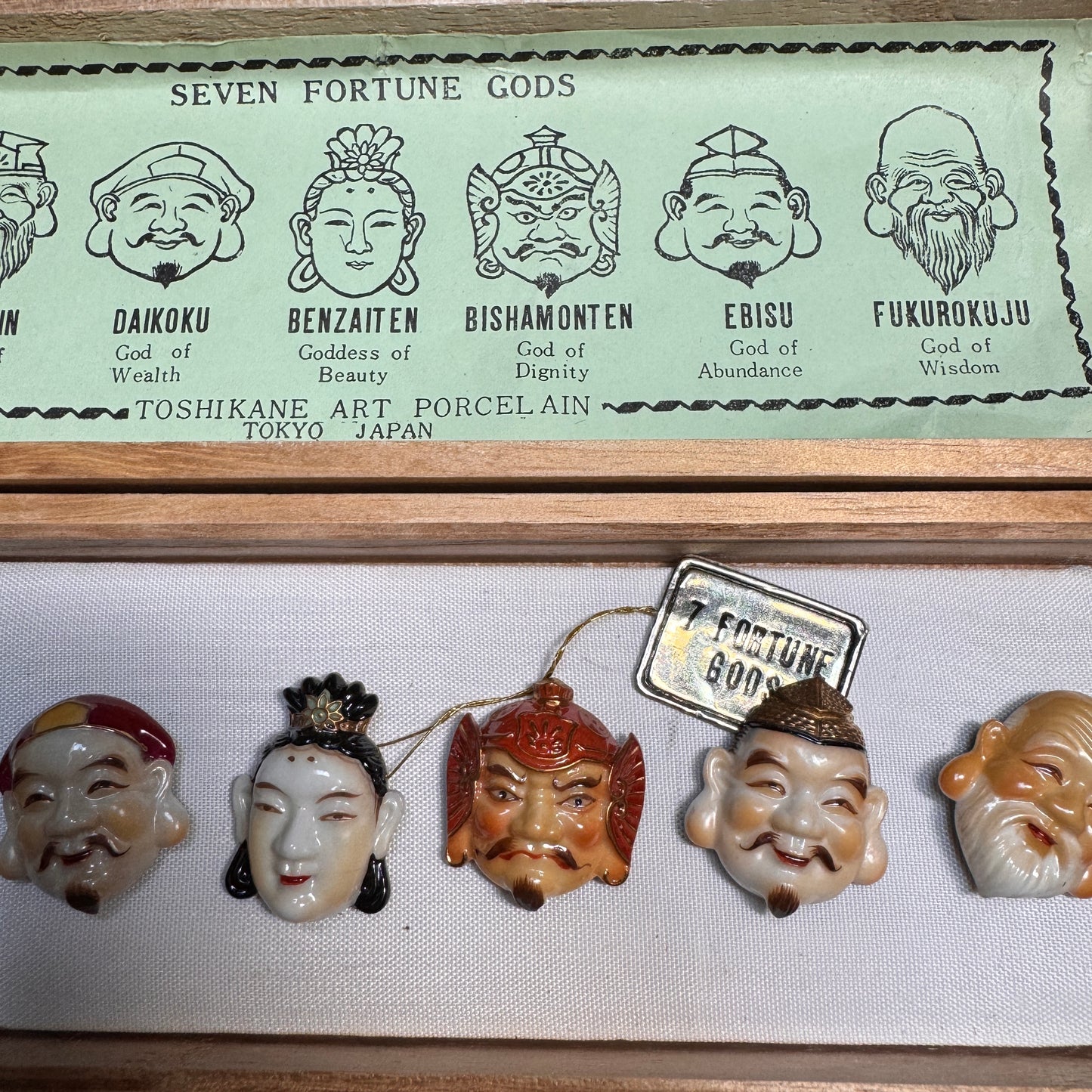 Vintage Toshikane Japan Seven Gods of Fortune Art Porcelain Buttons Original Box