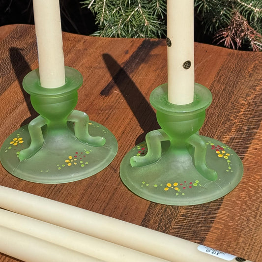 Vintage Pair Westmoreland Frosted Green Satin Uranium Glass Candle Holders and Colonial Candle Tapered Candles