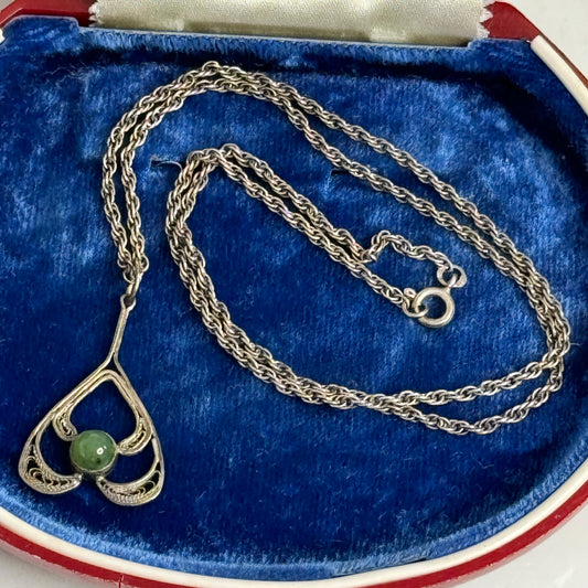 Vintage Sterling Silver Jade Cabochon Filigree Heart Pendant Necklace