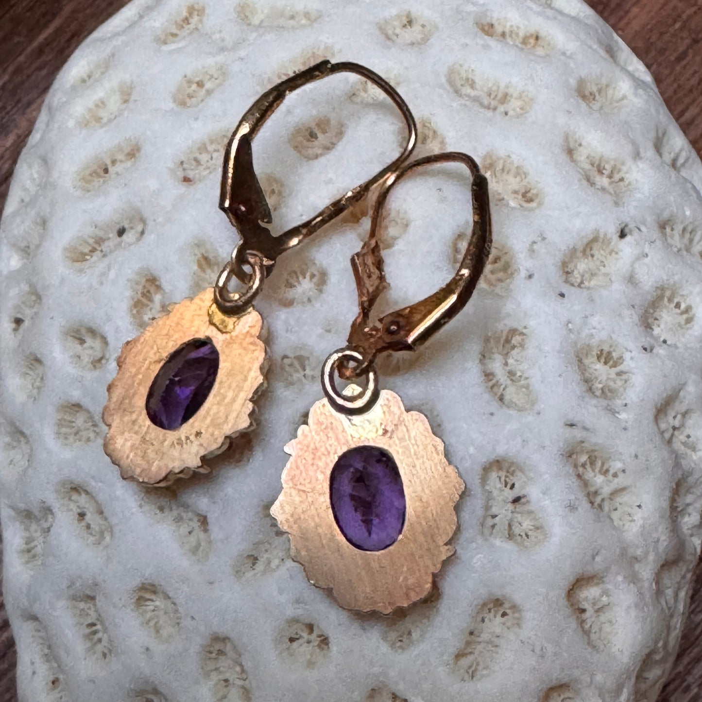 14K Yellow Gold Amethyst Semi Precious Gemstone Earrings