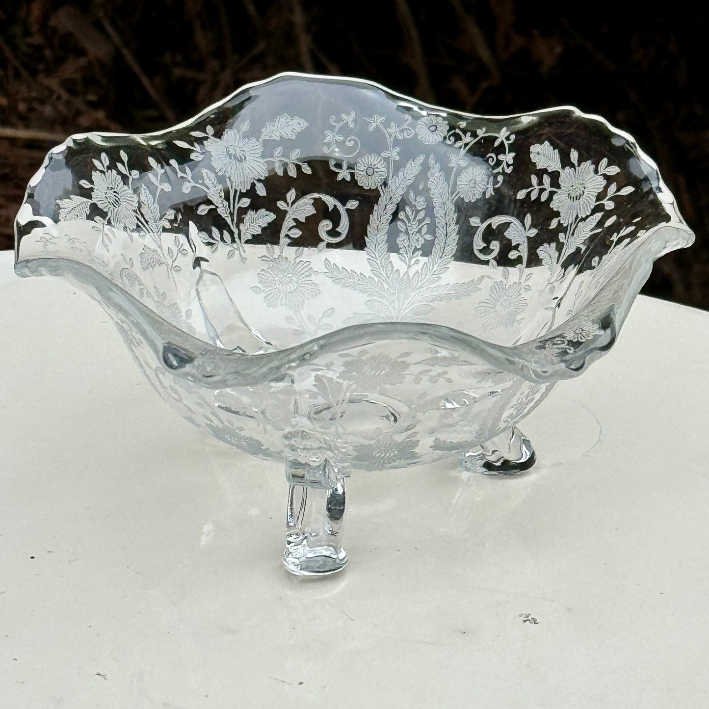 Vintage Floral Etched Clear Glass Footed Mayonnaise Bowl