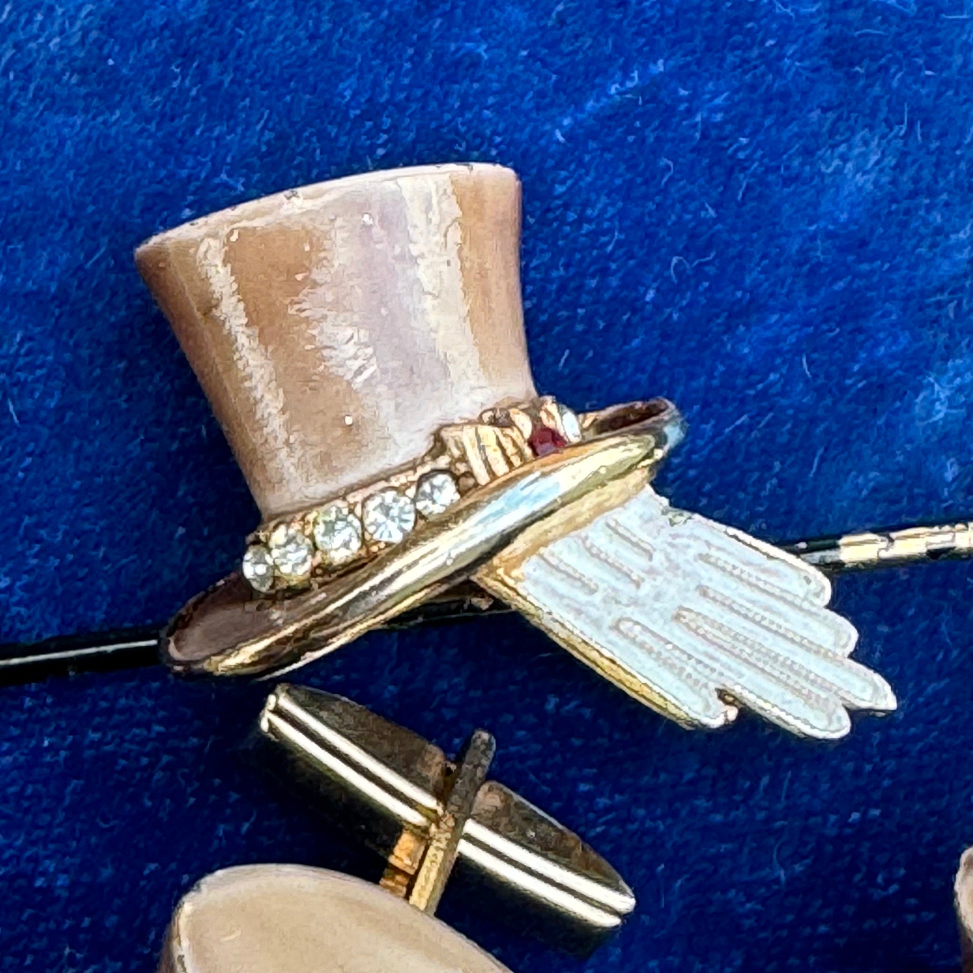 Vintage BSK My Fair Lady Rhinestone Top Hat Pin Cuff Links