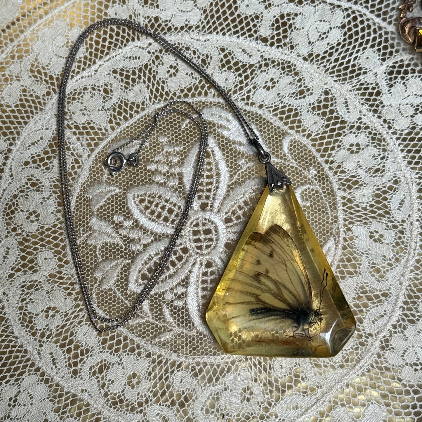 Vintage Butterfly in Resin Sterling Pendant  Necklace