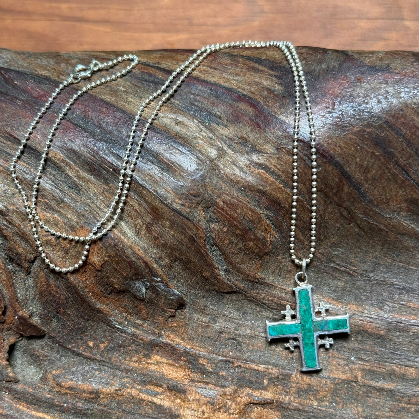 Vintage Jerusalem Malachite & Sterling Silver Cross Sterling SIlver Chain