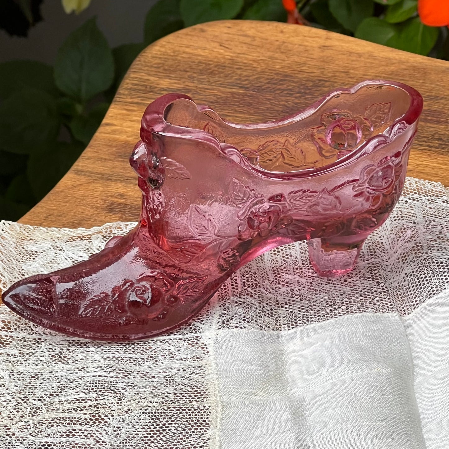 Vintage Fenton Pink Rose Victorian Style Glass Shoe