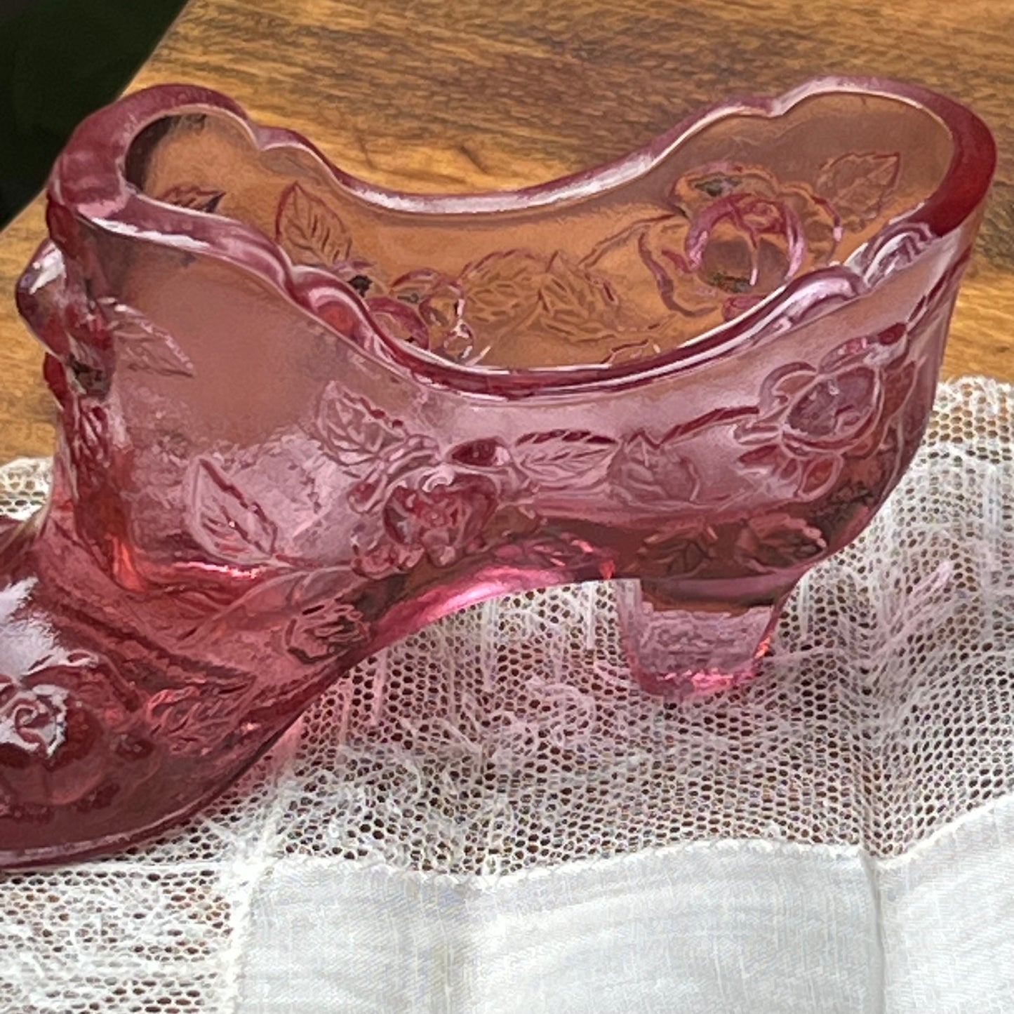 Vintage Fenton Pink Rose Victorian Style Glass Shoe