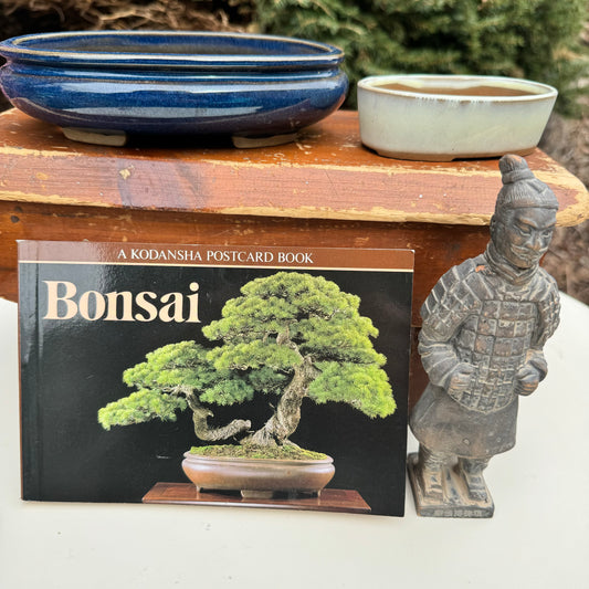 Japanese Oval Blue & White Bonsai Planter, Bonsai Postcard Book & Chinese Terracotta Clay Warrior
