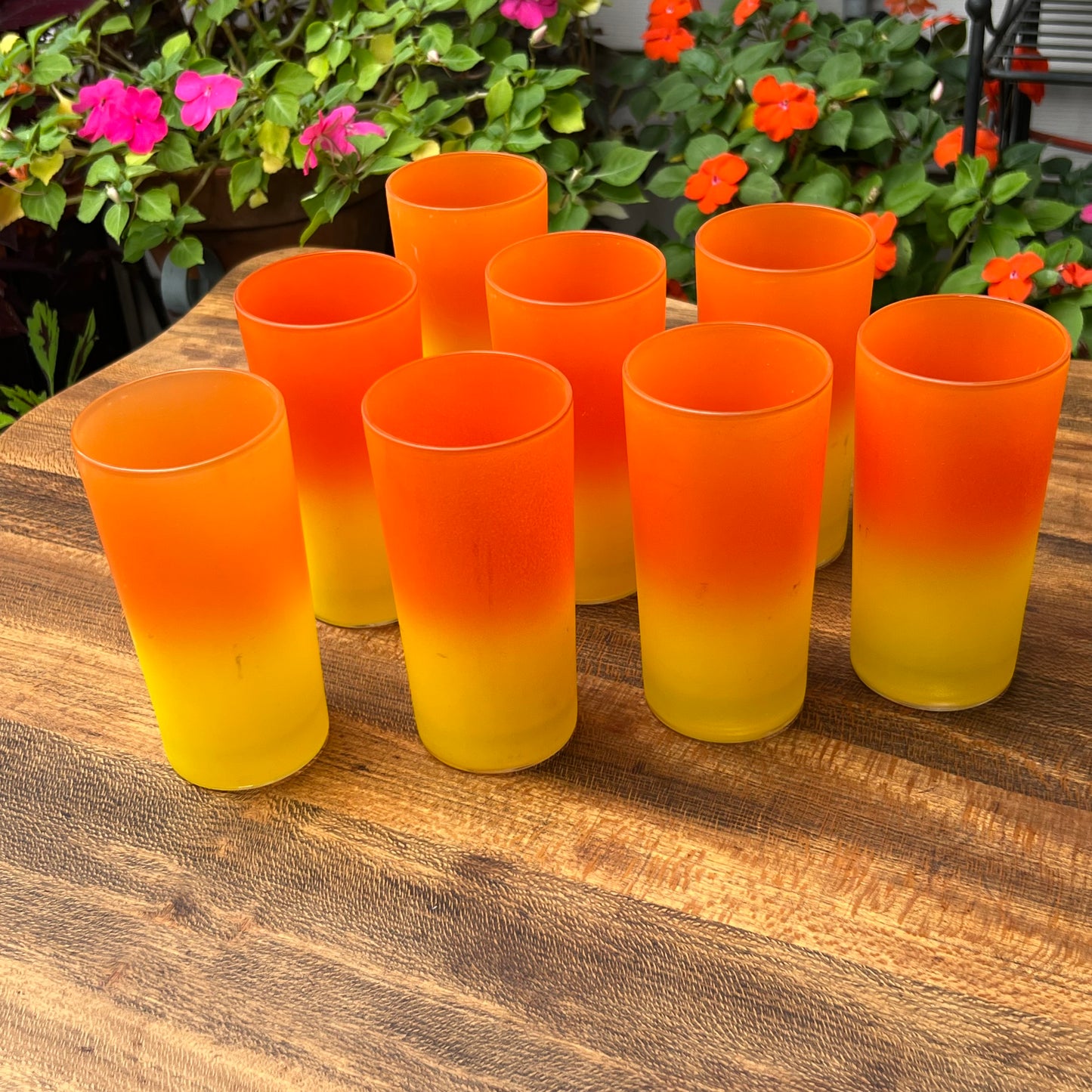 Eight Mid Century Modern Yellow & Orange Candy Corn Beverage Glasses