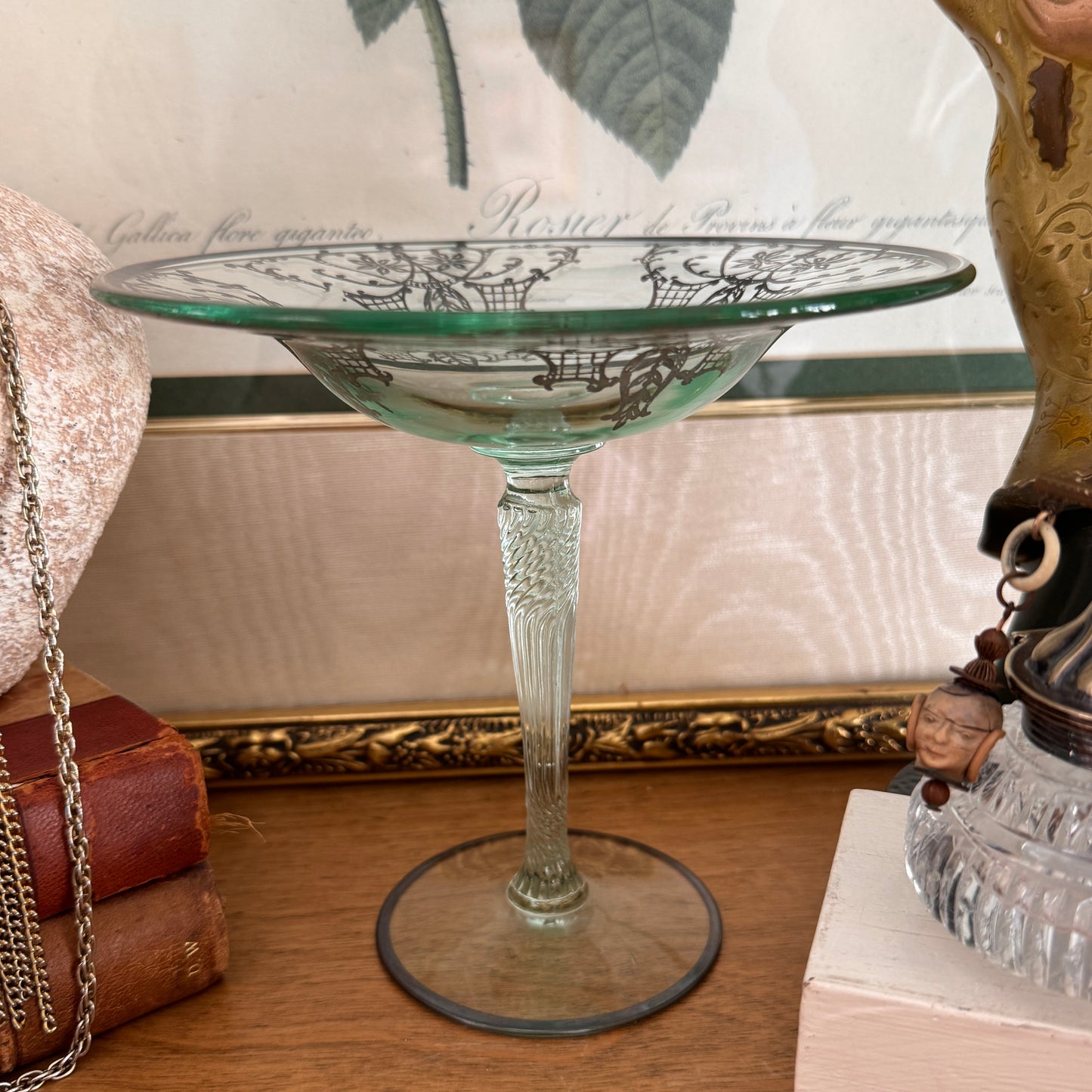 Sterling Silver Overlay Pedestal Green Glass Compote