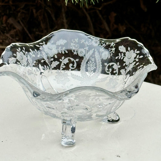 Vintage Floral Etched Clear Glass Footed Mayonnaise Bowl