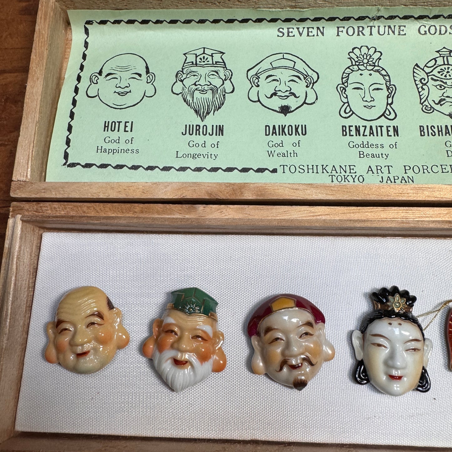 Vintage Toshikane Japan Seven Gods of Fortune Art Porcelain Buttons Original Box