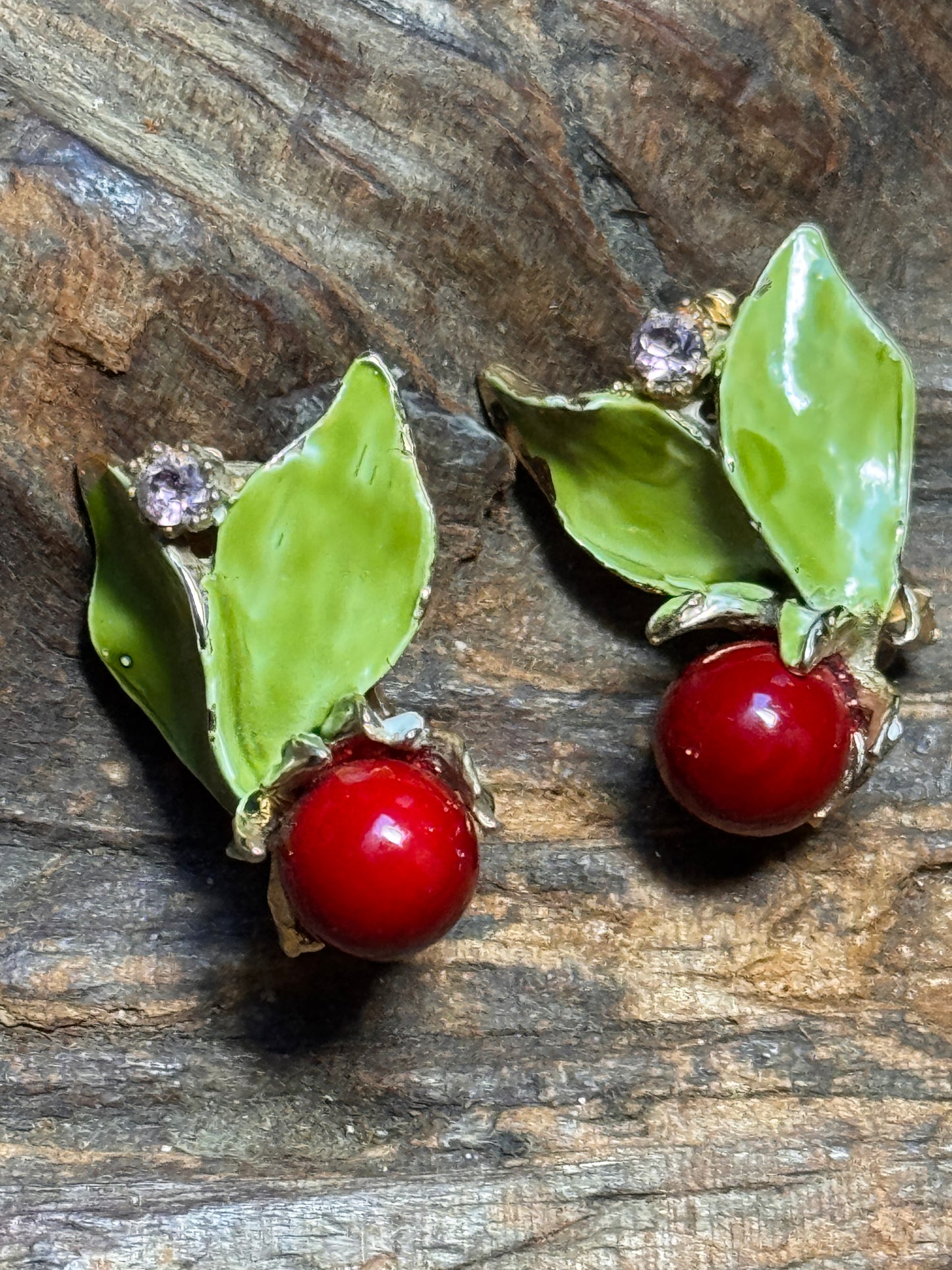 Vintage Holly and Berry Rhinestone and Enamel Earrings