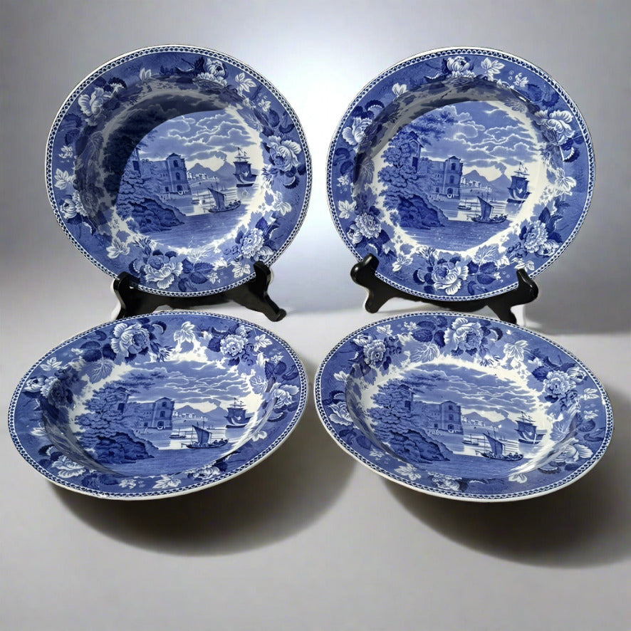 Four English Wedgwood Landscape Rimmed Soup Bowls